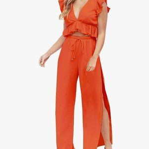 FANCYINN Womens 2 Pieces Outfits Deep V Neck Crop Top Side Slit Drawstring Wide